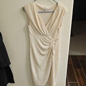 London Times Cream Asymmetrical Ruched Midi Dress